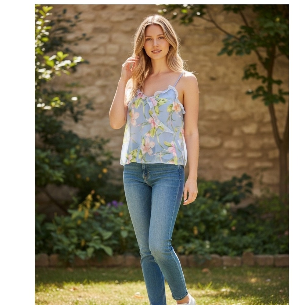 Lord & Taylor Floral Ruffle Chiffon Cami Top Womens Sz L Blue Pastel Cottagecore